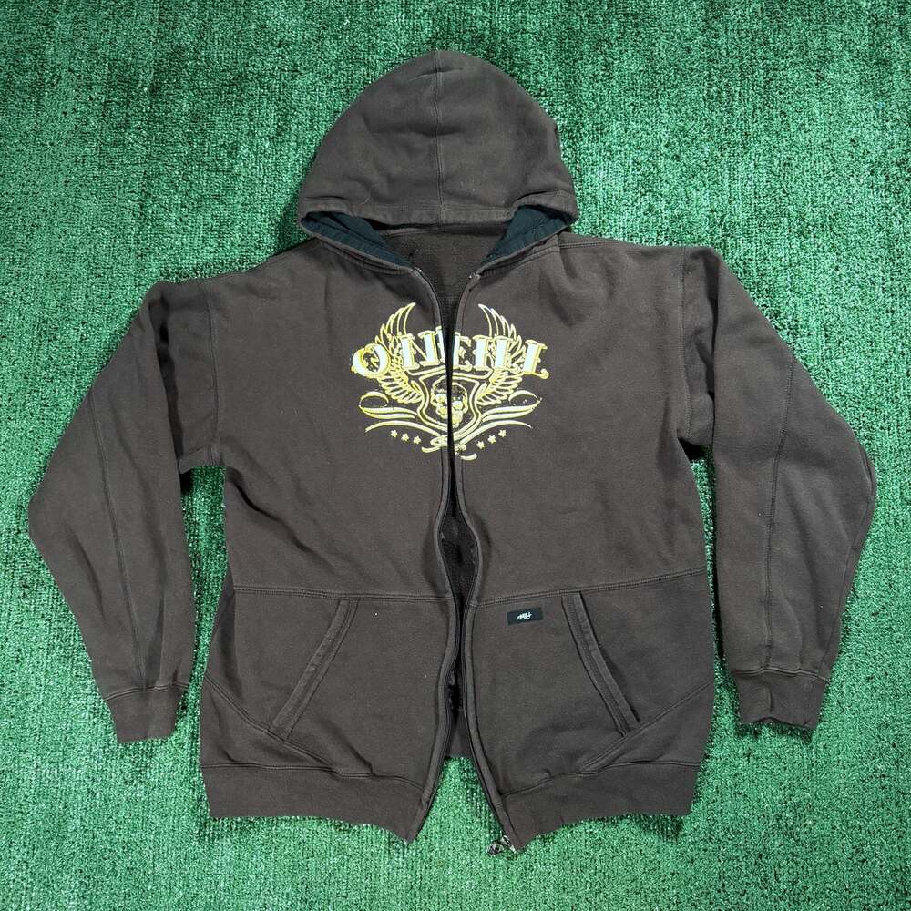 Vintage Y2K O'Neill Grunge Skull Graphic Full Zip Hoodie Brown Medium